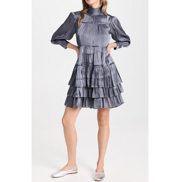 CINQ À SEPT 'Riva' Tiered Satin Plisse Mini-Dress, Iridescent Slate - Picture 1 of 5